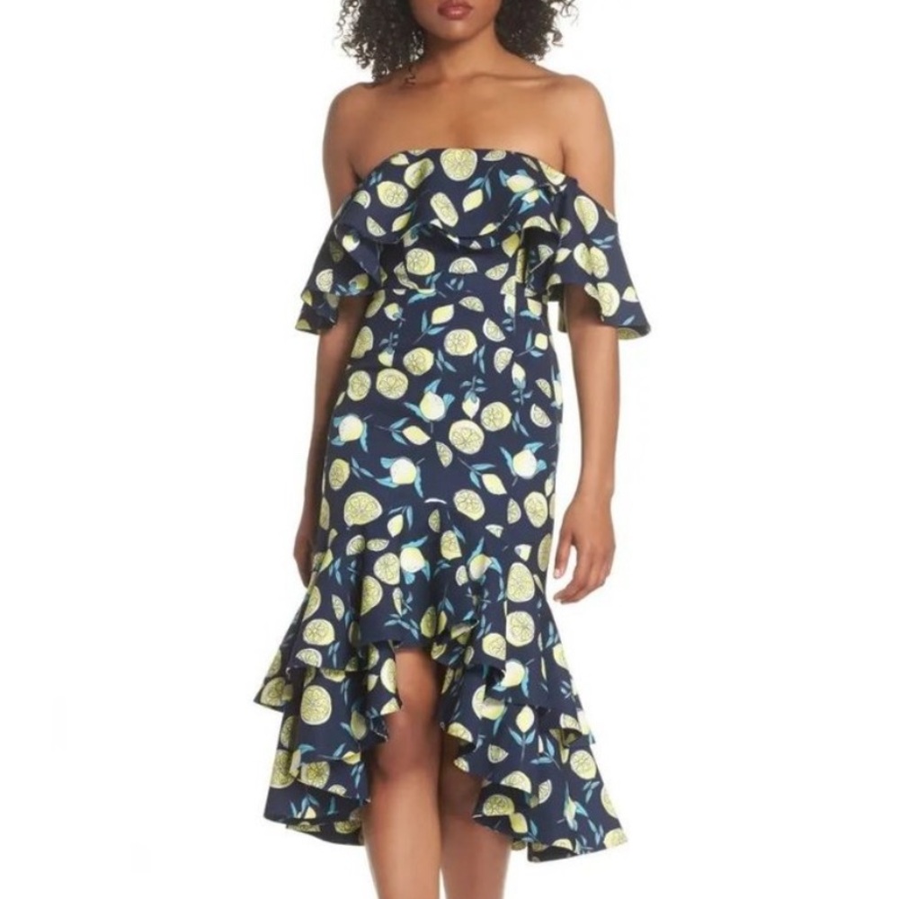 Fame And Partners Sasha Navy Blue‎ Off The Shoulder Lemon Print Ruffle Dress
